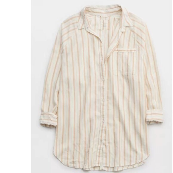 Linen Blend Oversized Button Down Shirt - Tan Vertical Stripes - Picture 7 of 11